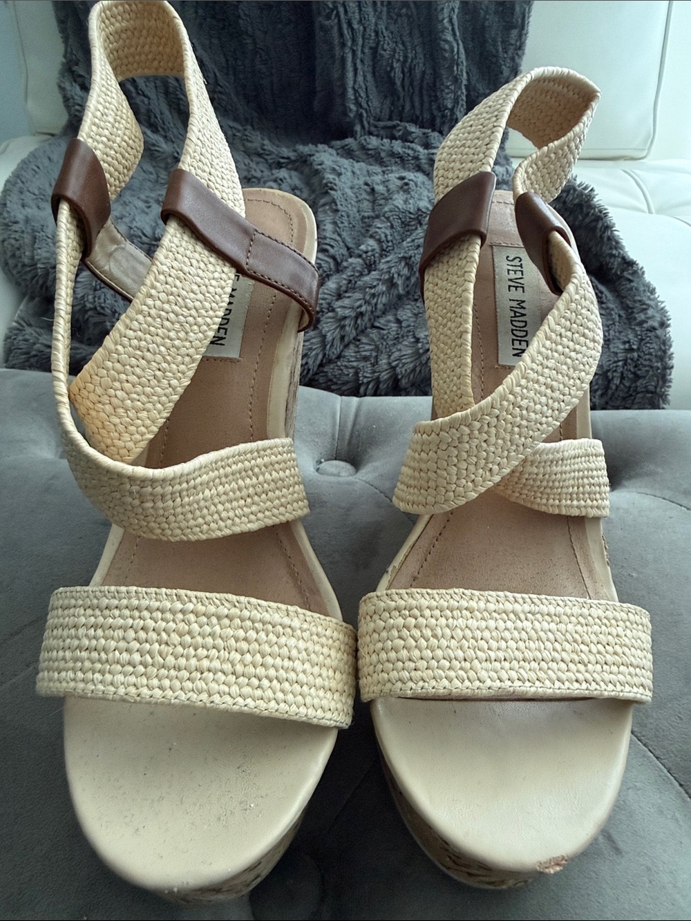 Steve Madden Cream Woven Wedge Sandals with Brown Leather Accents
